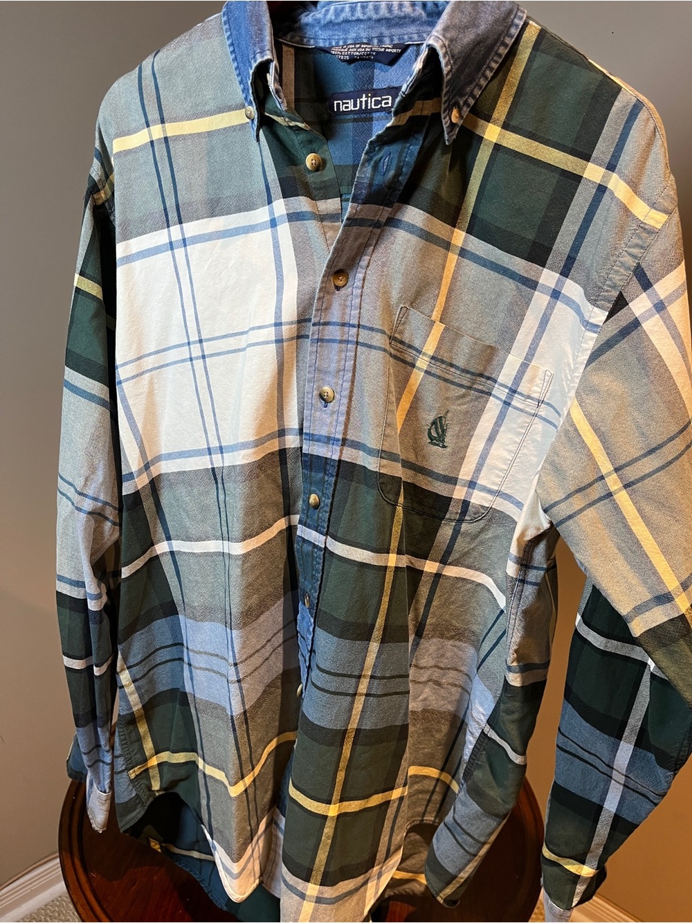 90’s Nautica Green and Blue Plaid Button-Down Shirt